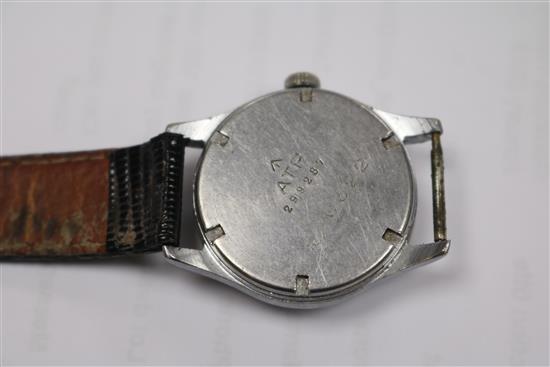 A white metal Longines hunter pocket watch with Roman dial and subsidiary seconds and a gentlemans steel military wrist watch.